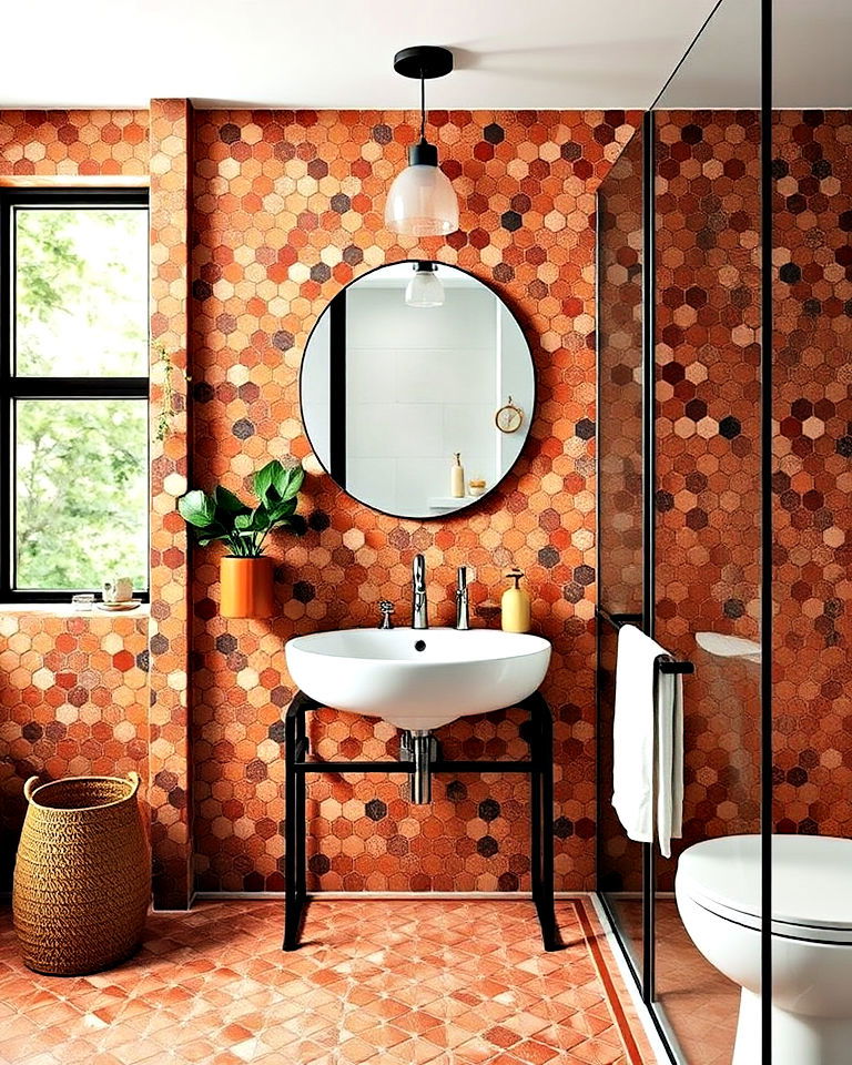terracotta mosaic to add texture to a bathroom