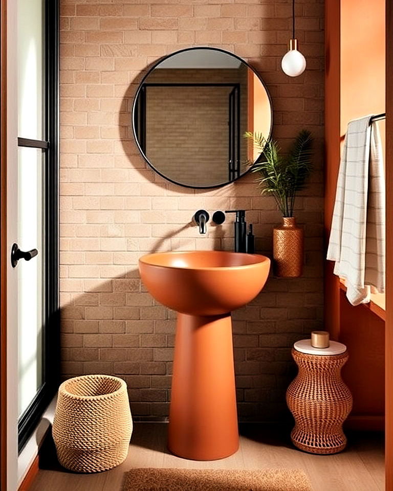 terracotta pedestal sink as a striking focal point