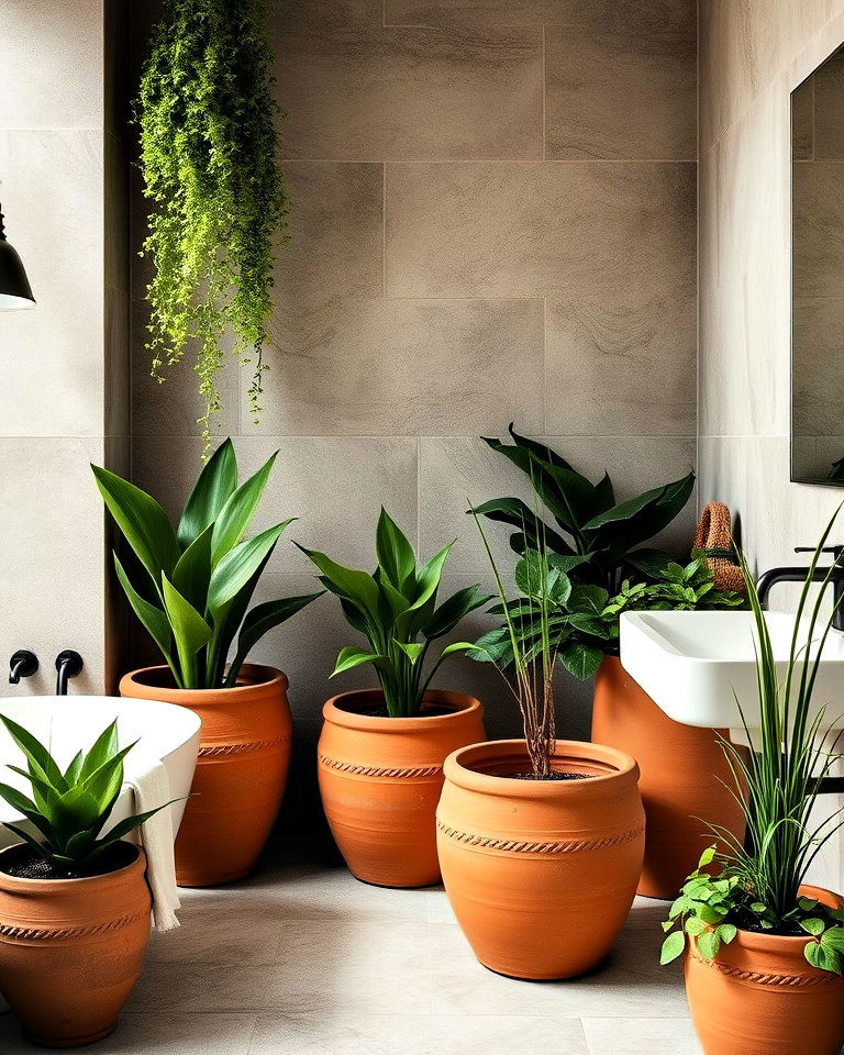 terracotta planters for a natural bathroom decor