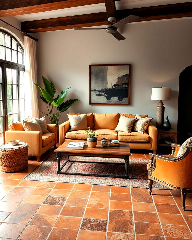 terracotta tile living room flooring