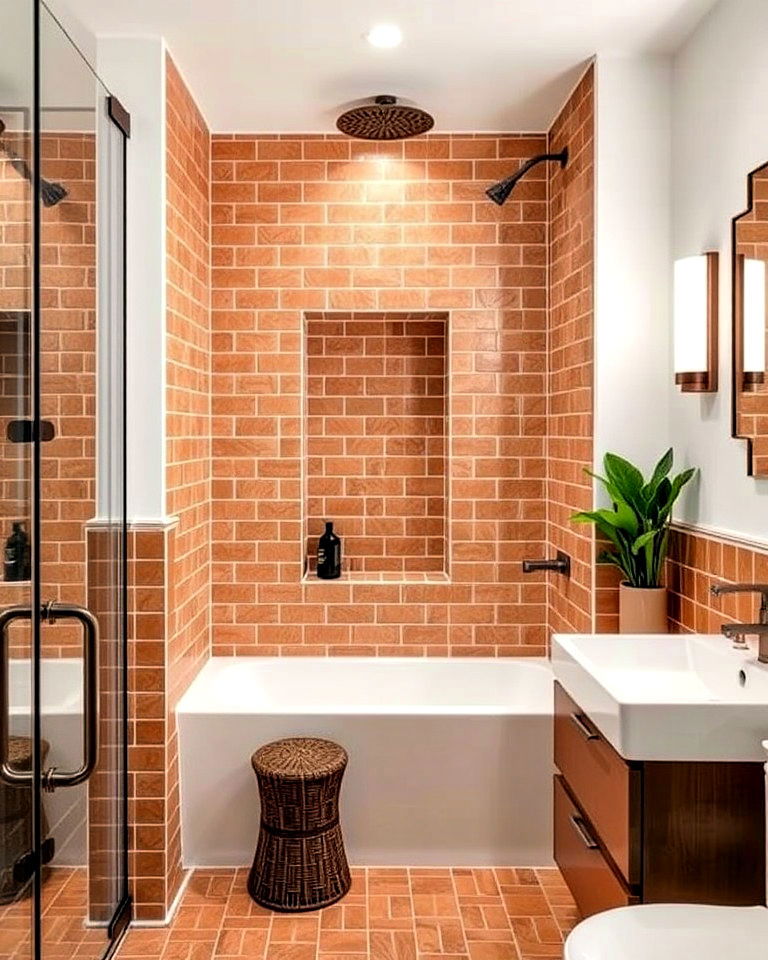 terracotta tiled shower niche for storage