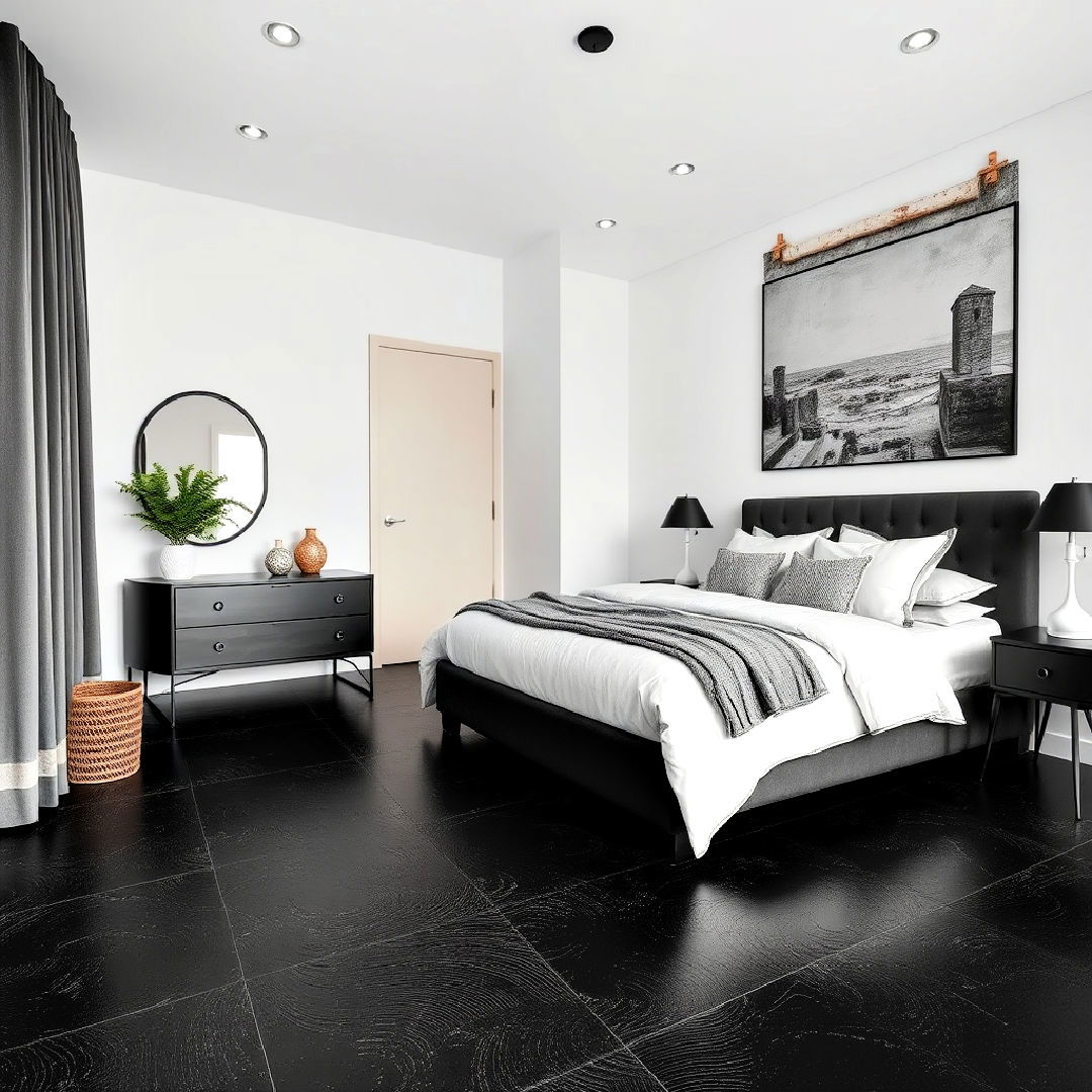 textured black floor bedroom for added depth