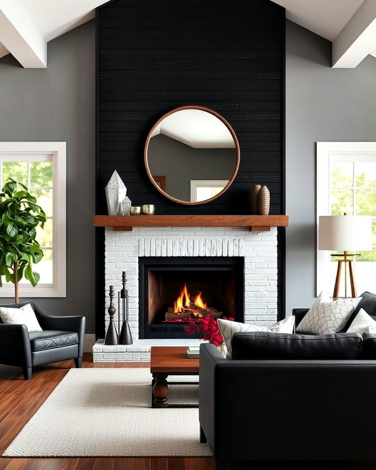 textured black shiplap fireplace for living room