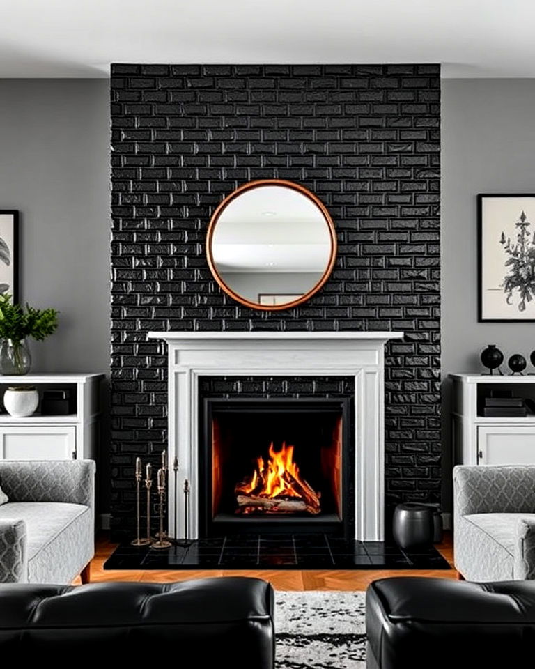 textured black tiles surrounding a fireplace