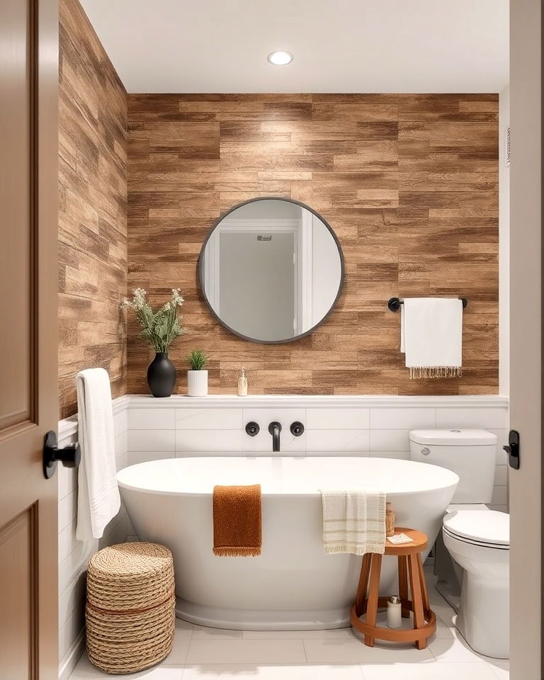 textured brown accent wall in a bathroom