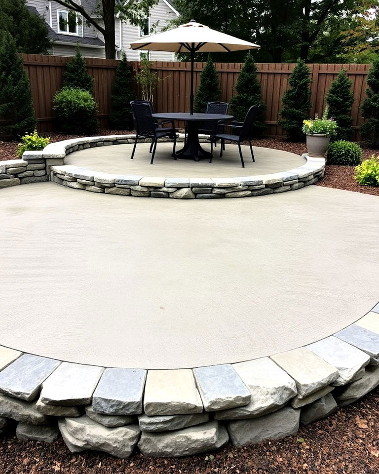 textured concrete patio with stone border