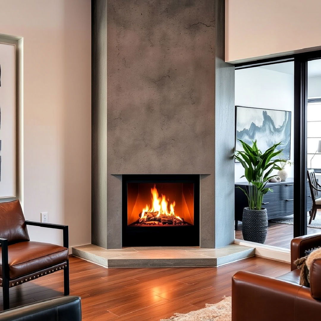 textured concrete surround gas fireplace