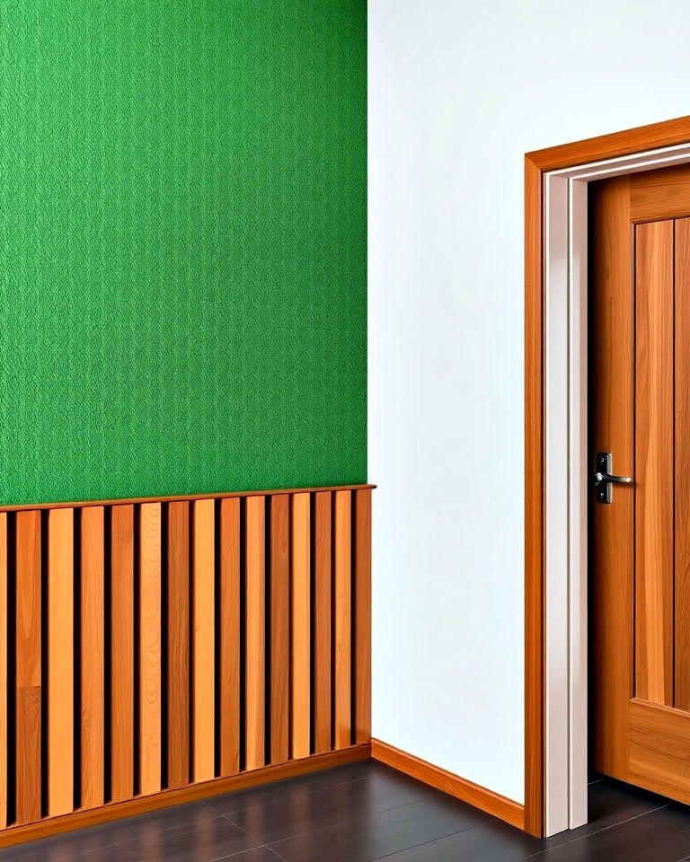 textured green accent wall with vertical wood slats