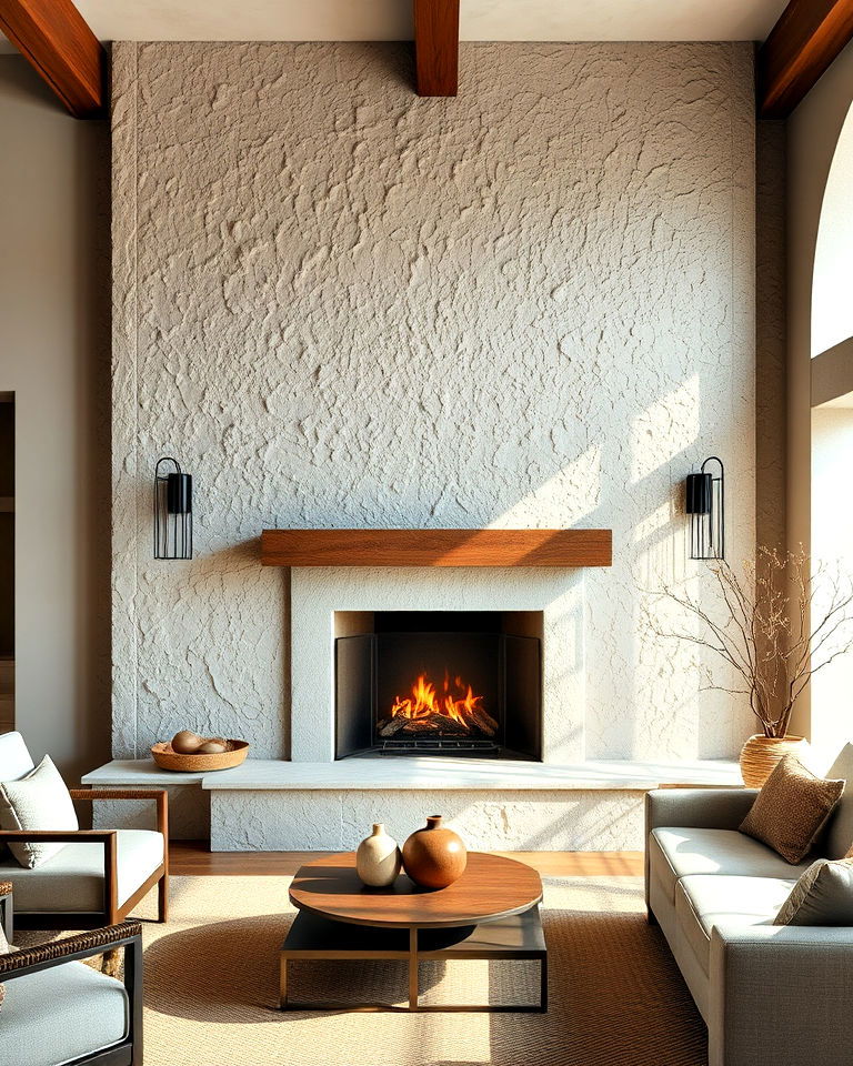 textured plaster fireplace accent wall