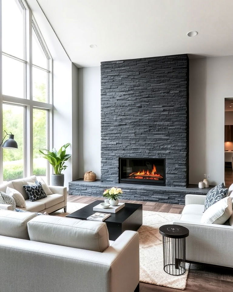 textured slate stacked stone fireplace