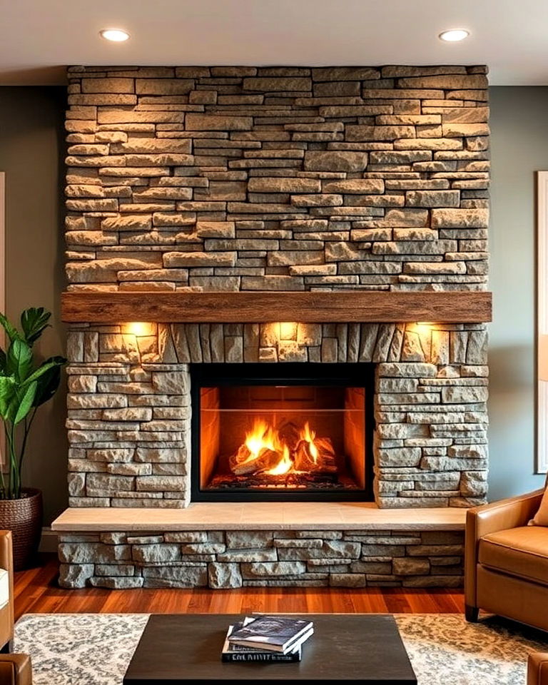 textured stacked stone fireplace with built in lighting