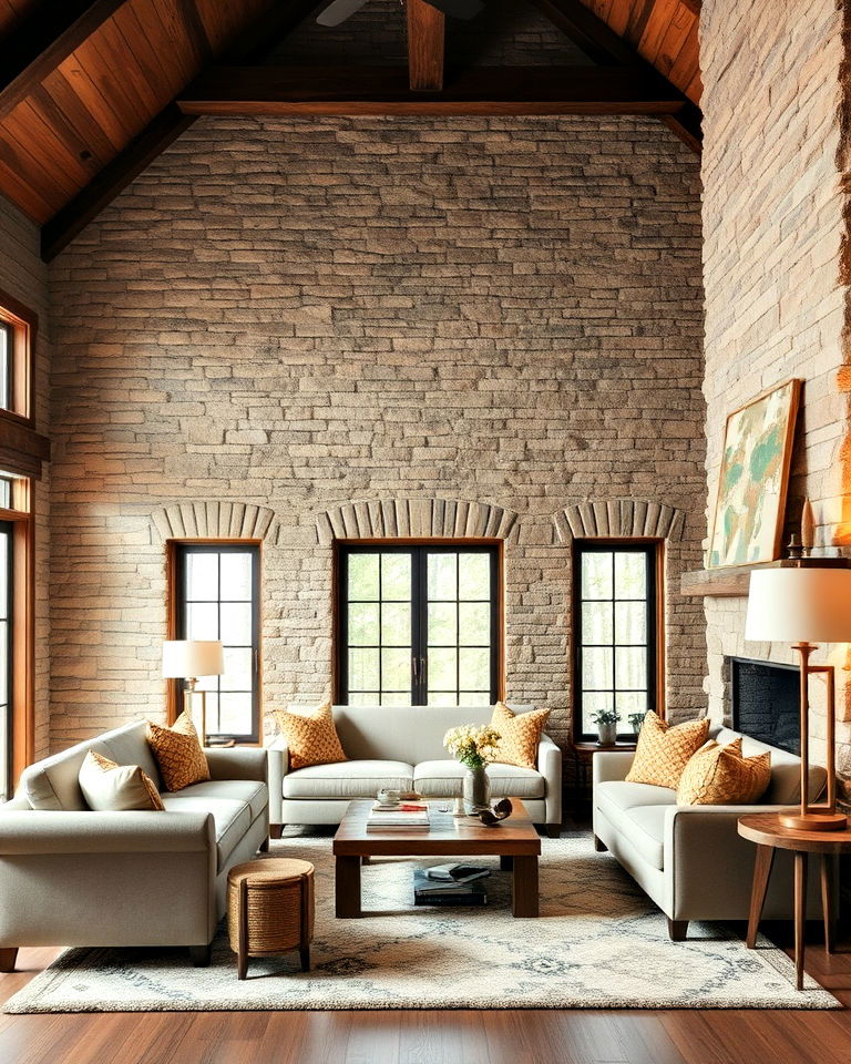 textured stone or brick walls in cabin living room