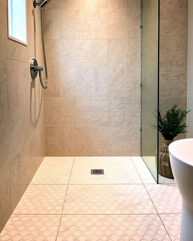 textured stone walk in shower flooring
