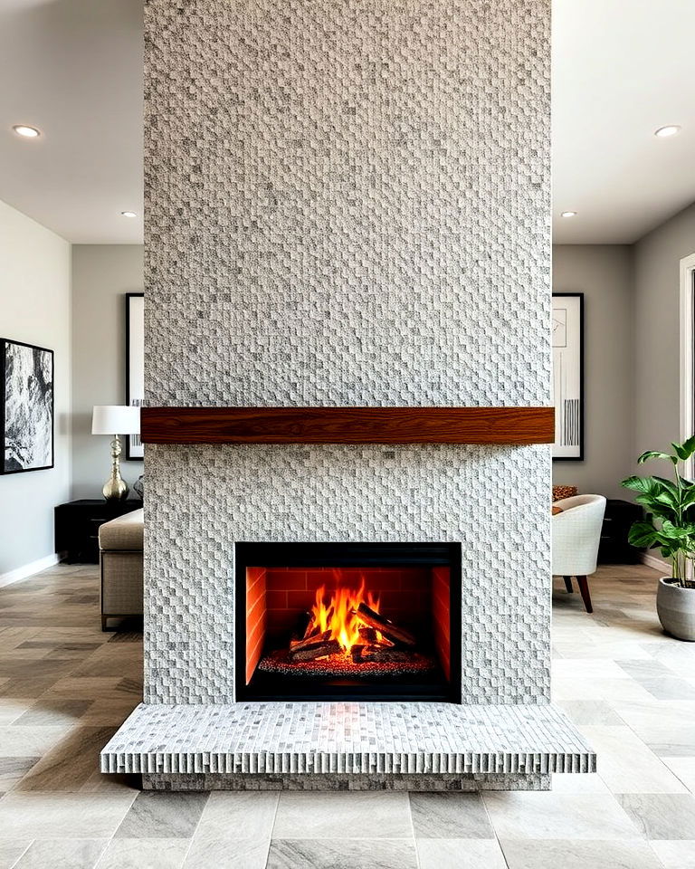 textured tile floor to ceiling fireplace