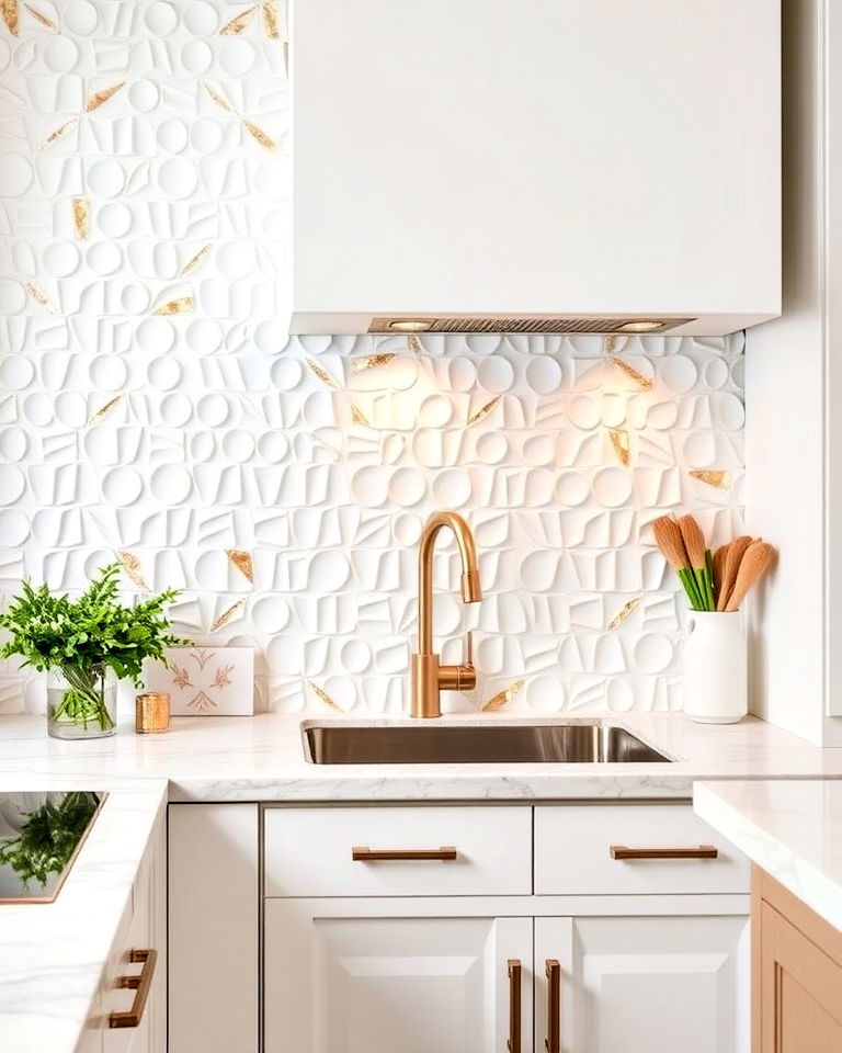 textured white tiles with gold foil detail backsplash