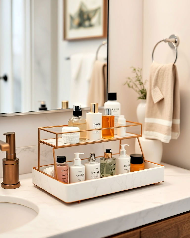 tiered trays for organizing small bathroom items