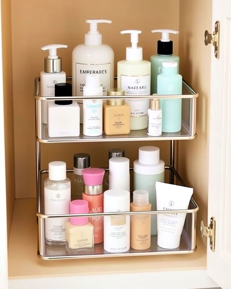tiered trays to organize bathroom essentials