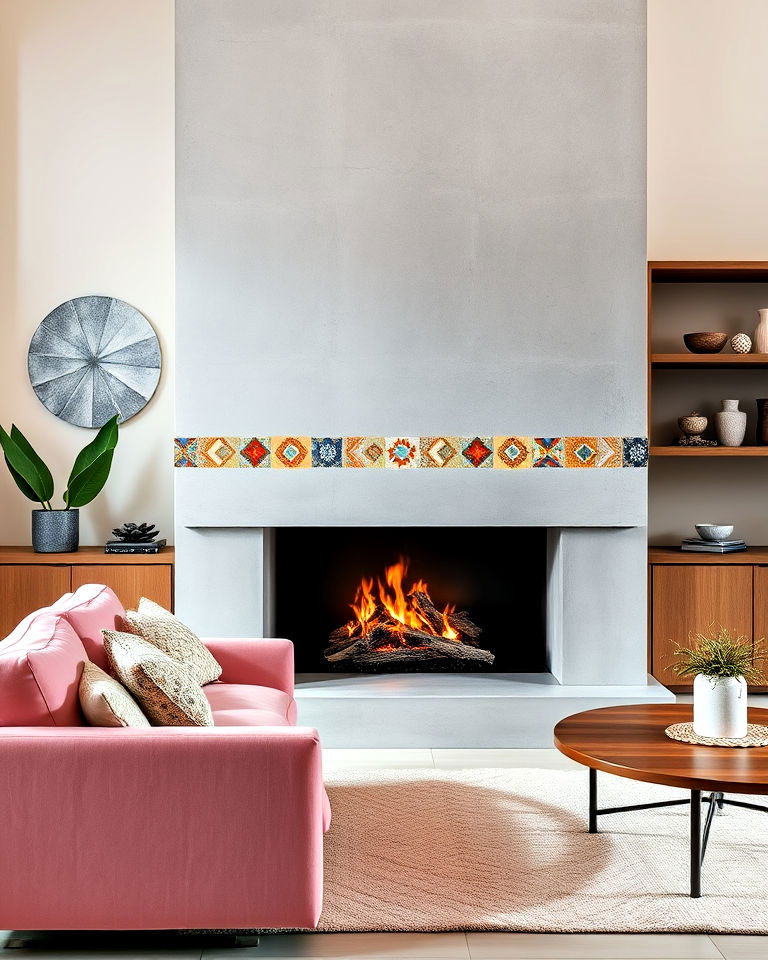 tiled accent concrete fireplace