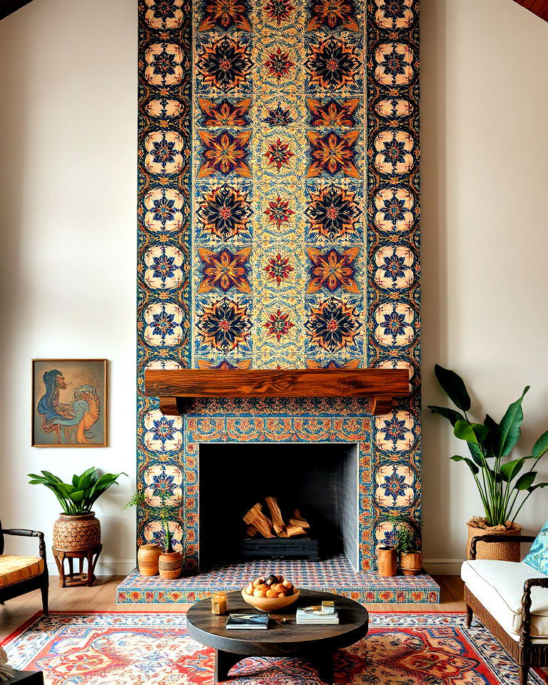 tiled fireplace with intricate patterns