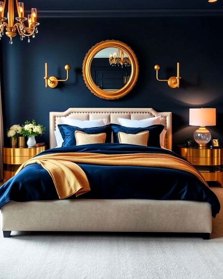 timeless and luxurious navy and gold bedroom