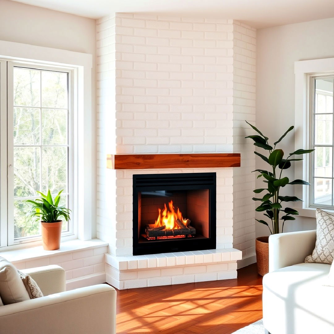 timeless corner fireplace with white brick