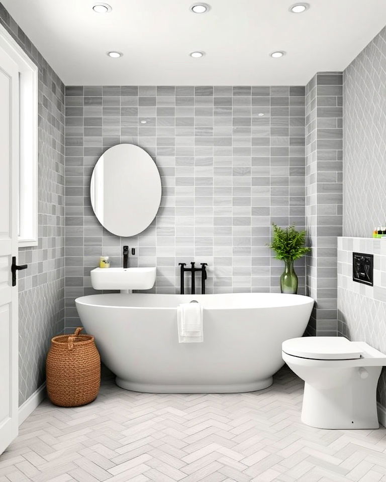 timeless elegance grey herringbone tiles bathroom