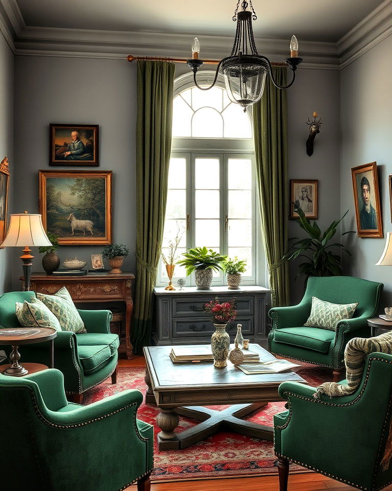 timeless vintage inspired green and grey living room