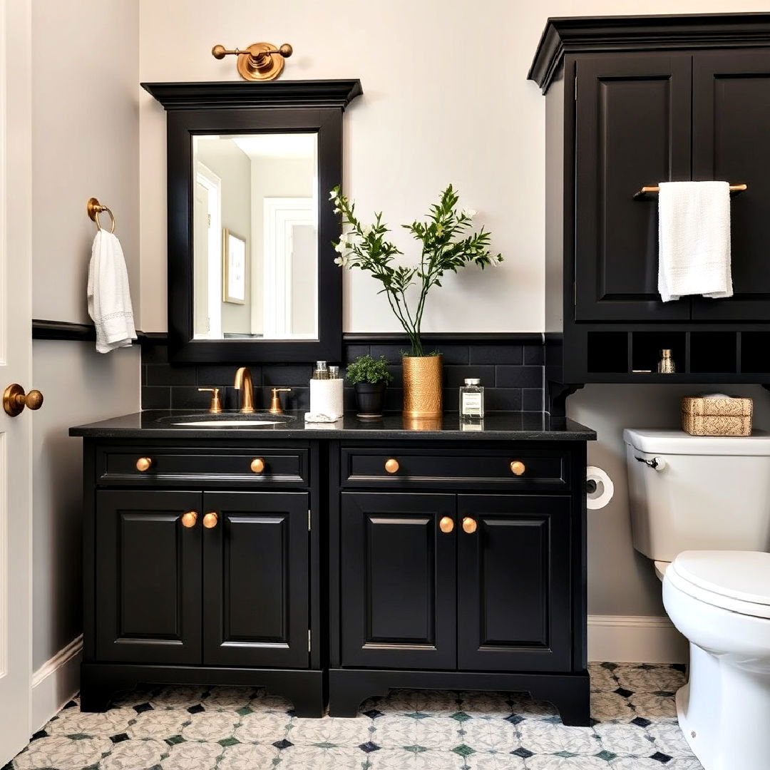 traditional bathroom cabinets with brass knobs