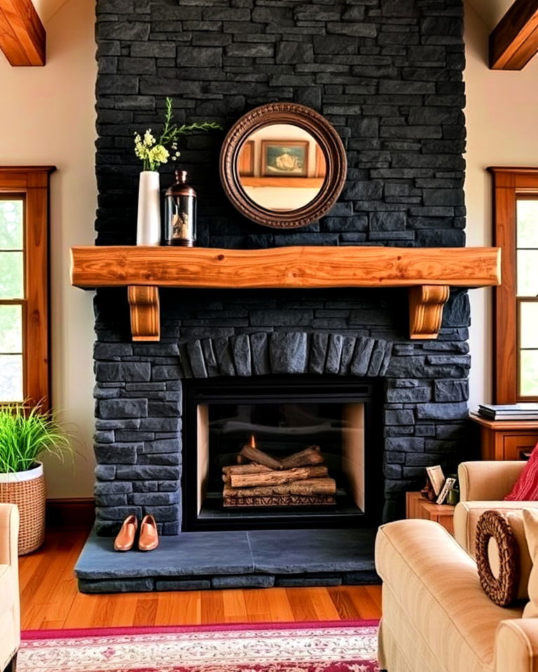 traditional black stone fireplace with a wooden mantel