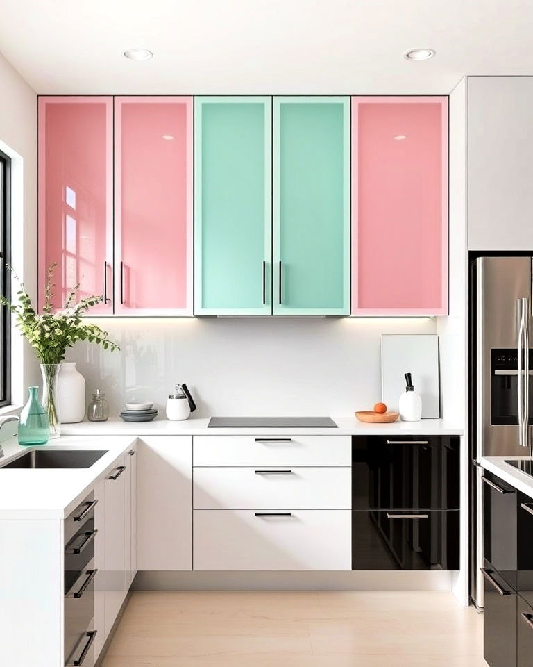 traditional colored glass panels kitchen cabinetry
