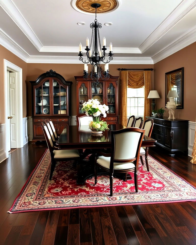 traditional dining room with dark wood floor