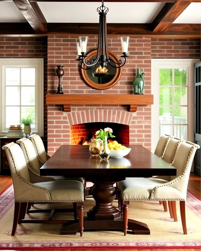 traditional dining room with wood burning fireplace