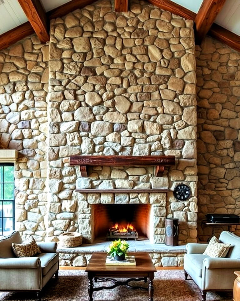 traditional fieldstone floor to ceiling fireplace