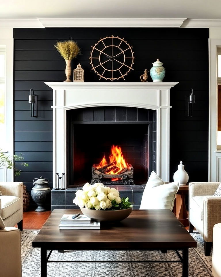 traditional fireplace with black shiplap