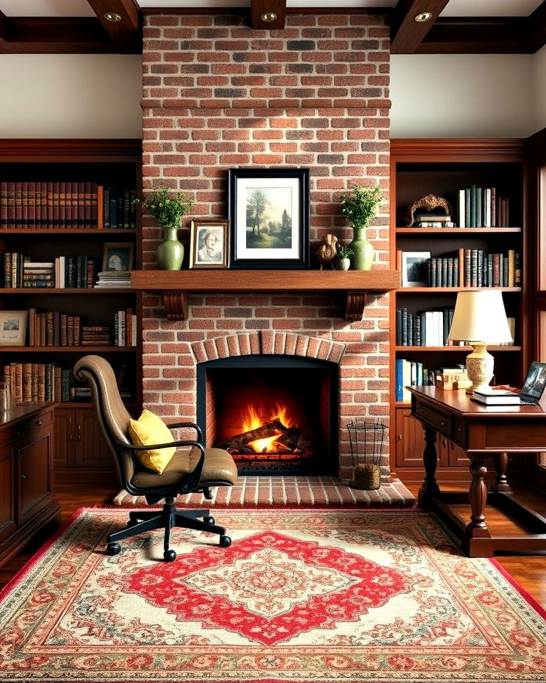 traditional home office with brick fireplace