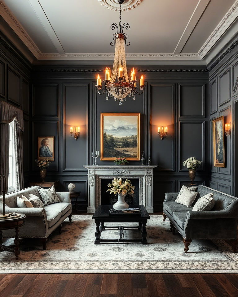 traditional living room with grey paneling