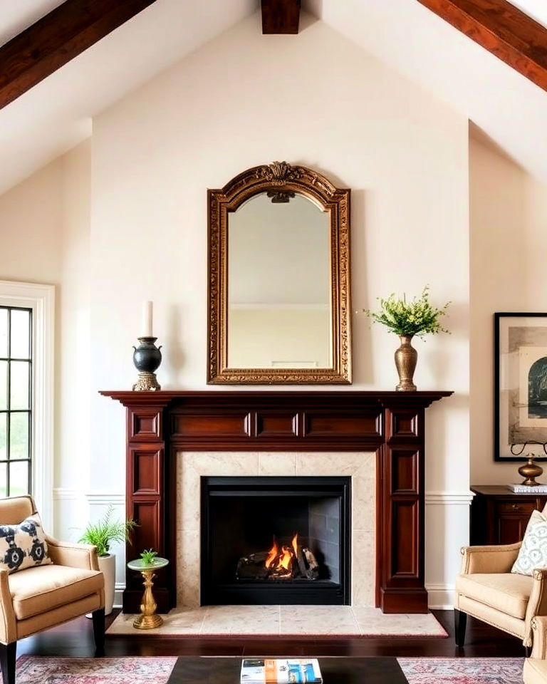 traditional mantel fireplace with vaulted ceiling