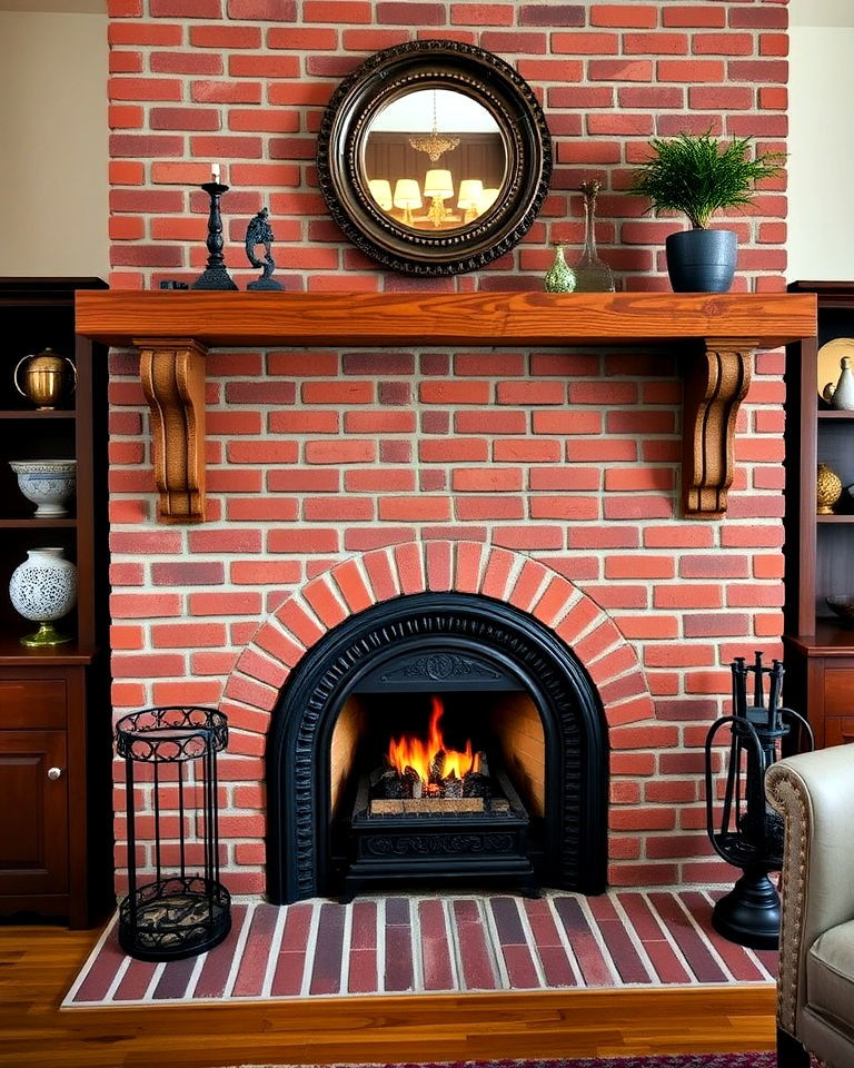 traditional red brick fireplace with cast iron insert