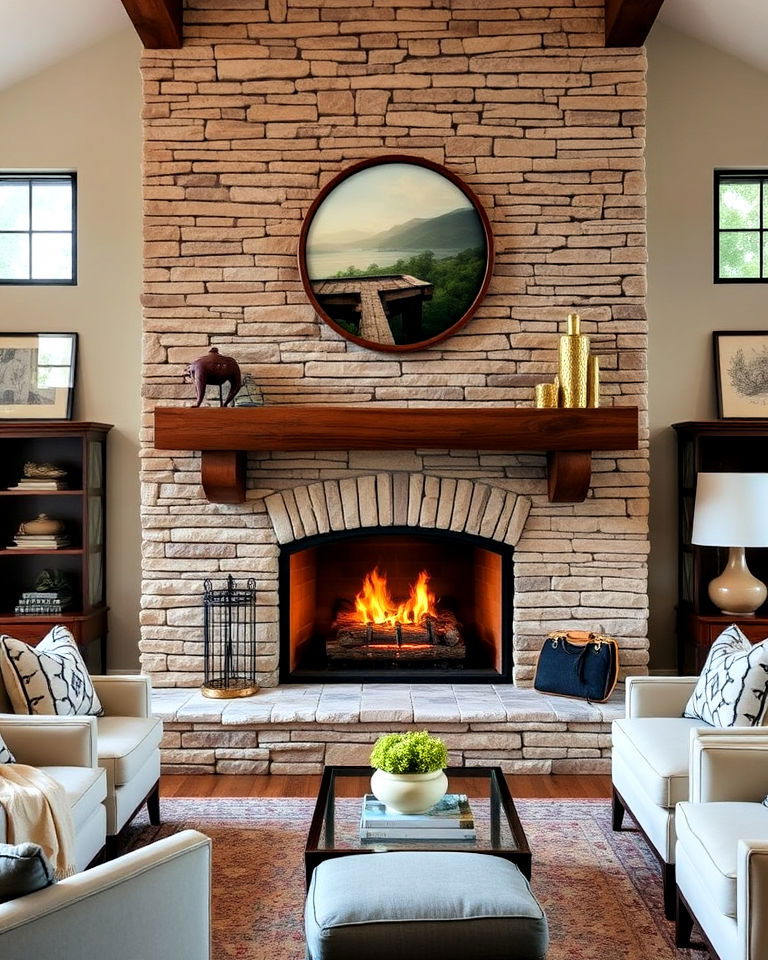 traditional stacked stone fireplace