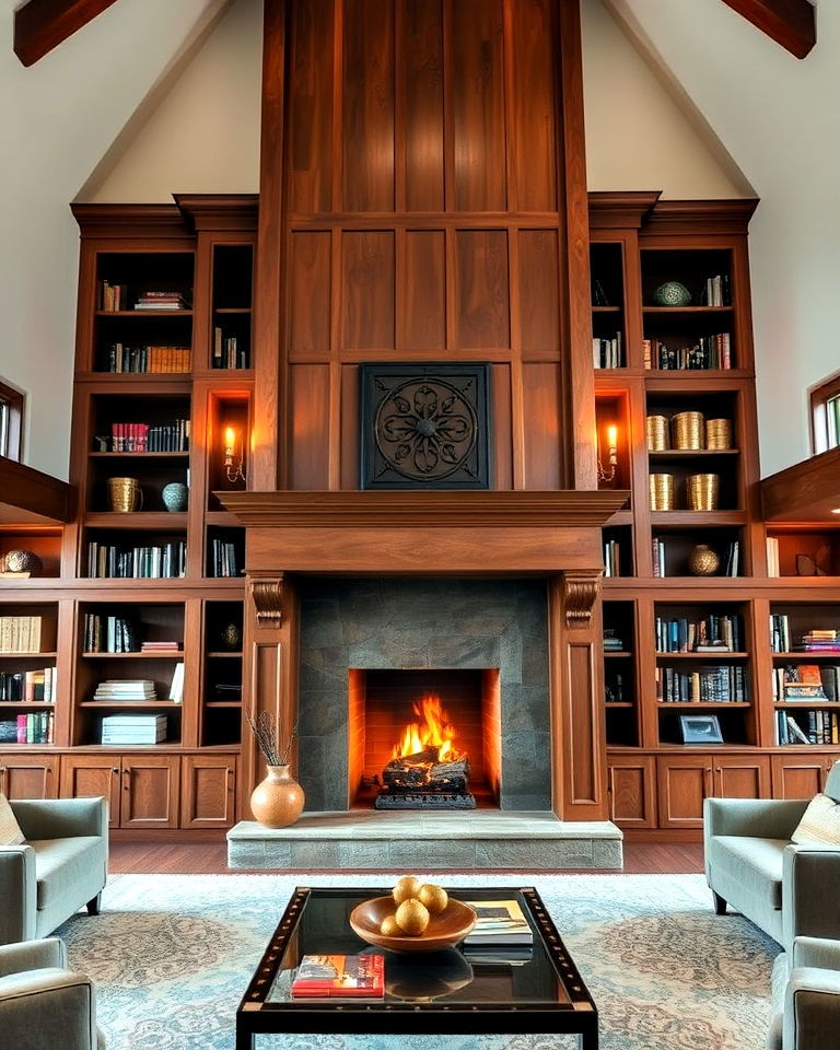 traditional wood burning fireplace with built in bookshelves