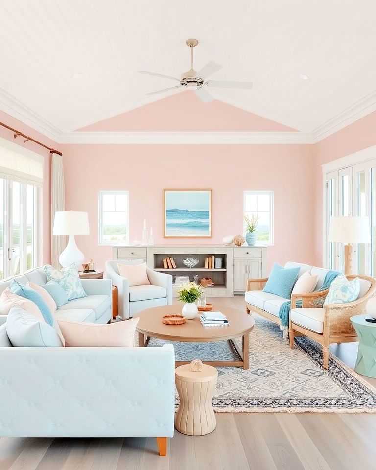 tranquil beach house living room with soft pastel decor