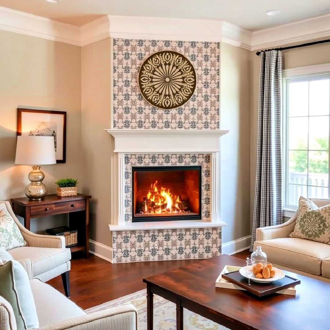 transitional decorative tile surround corner gas fireplace