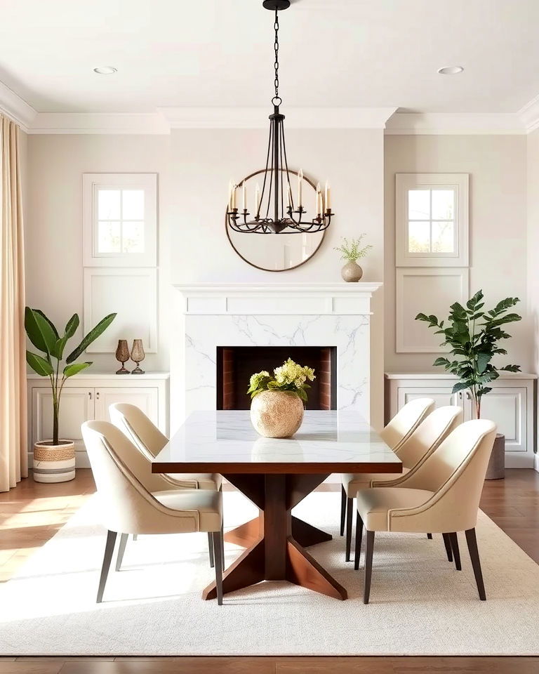 transitional dining room with fireplace and neutral palette