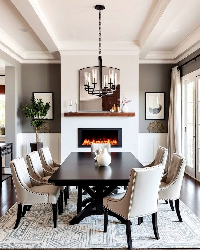 transitional dining room with modern fireplace