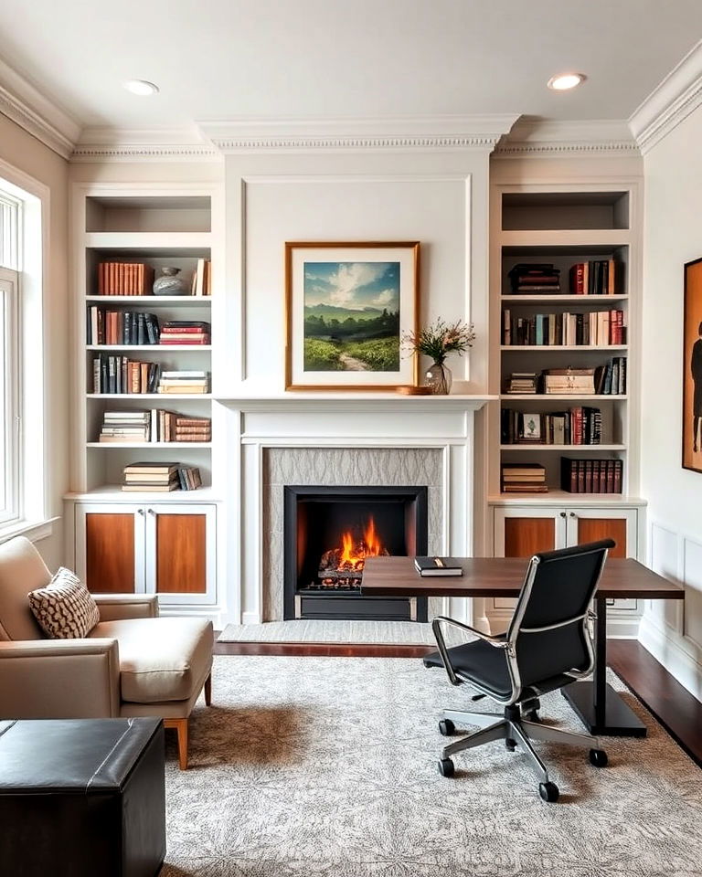 transitional office with built in bookshelves and fireplace