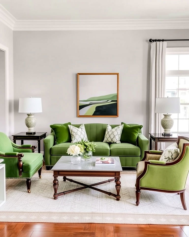 transitional style classic green and grey living room