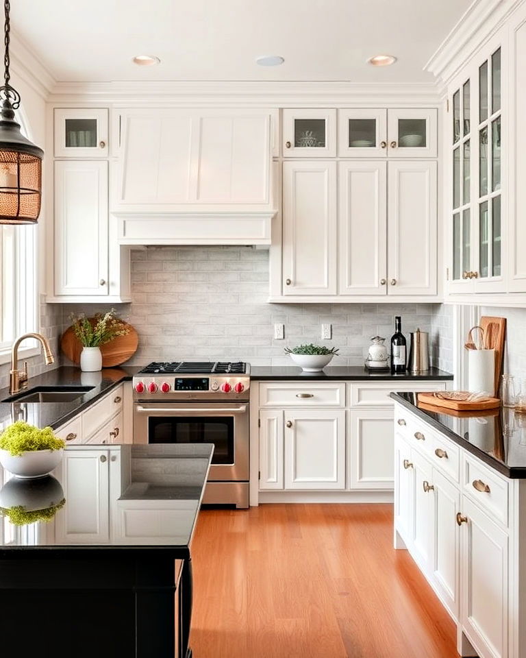 transitional style with white cabinets and black countertop
