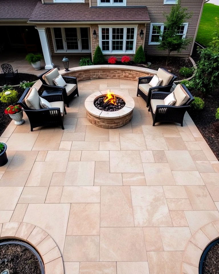 travertine look stamped concrete patio with a custom fire pit