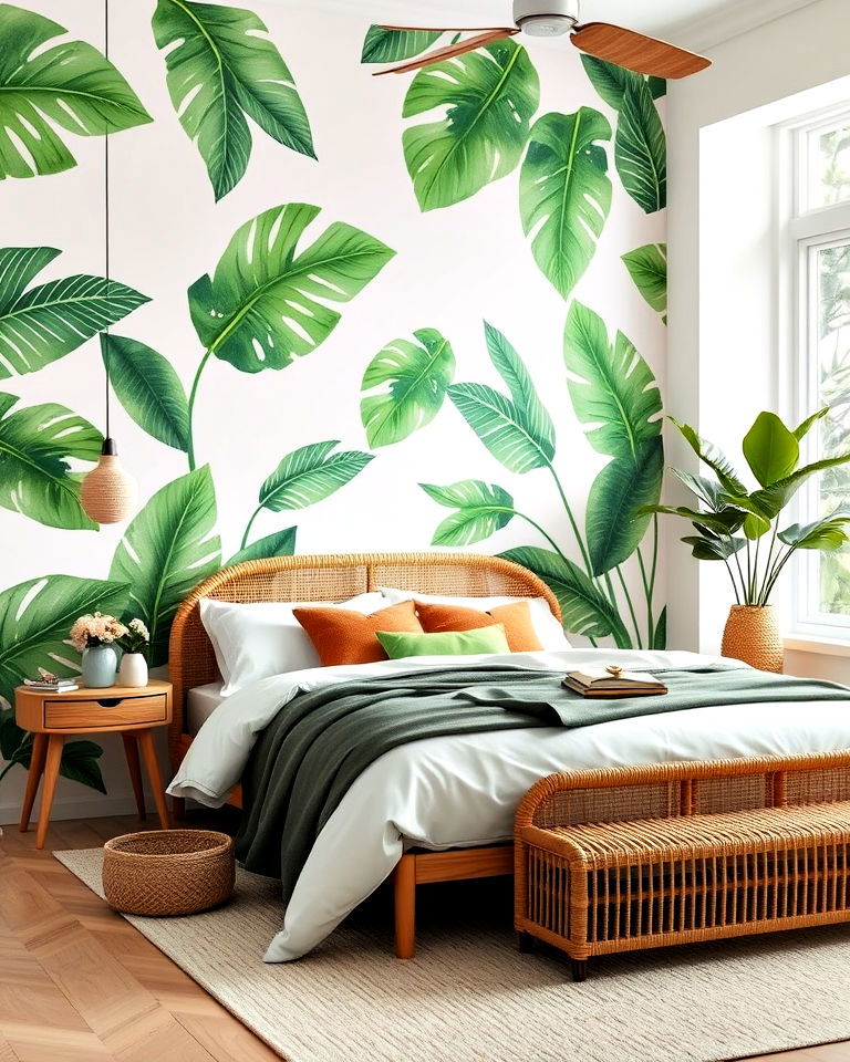tropical leaf motif bedroom wall painting