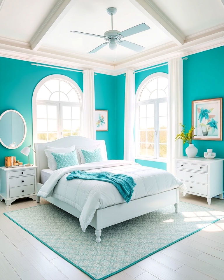 turquoise and white palette for a brightening bedroom
